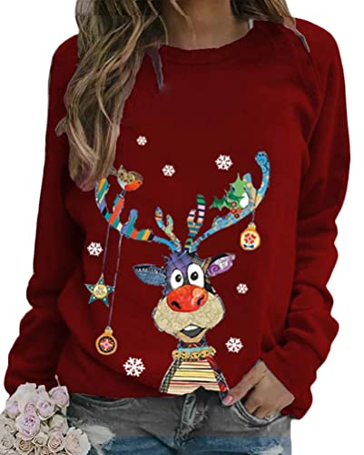 Onsoyours Damen Pullover Weihnachten Rudolph Rentier Elfe Weihnachtspullover Kapuzenpullover Teenager Mädchen Weihnachtspulli Weihnachtsmann Christmas Sweatshirt Xmas Pulli Shirt A Rotwein L