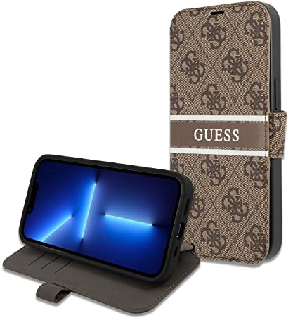 Guess GUBKP13S4GDBR Book Case 4G Stripe Hülle für iPhone 13 Mini, Braun Brown