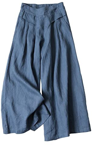 FEOYA Damen Hosenrock Baumwolle Leinen Palazzo Hose Lang Sommerhose Weites Bein mit Elastischem Bund Weite Hose - M