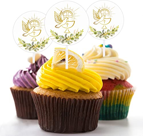 BETESSIN 24pcs Decoración Tarta Comunión Adornos Tarta Cupcakes Bautizo Cake Toppers Communion Decoración para Mesa de Cumpleaños Bautizo Niños
