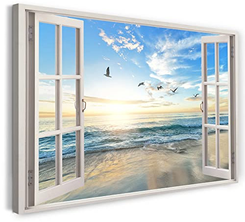 Printistico Bilder Fensterblick 80x60cm Baumwoll-Leinwand auf Keilrahmen mit Aufhänger moderner Kunstdruck XXL Wandbilder Wand-Dekoration Meer Möwen Vögel Natur Sonne - Natur-Fotografie