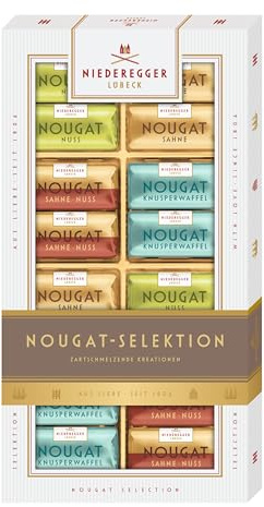 Niederegger | Nougat-Selektion | 1x 200g | Sorten Sahne, Nuss, Knusperwaffel & Schichtnougat | Umhüllt von Vollmilch-Schokolade | Nougat Präsent