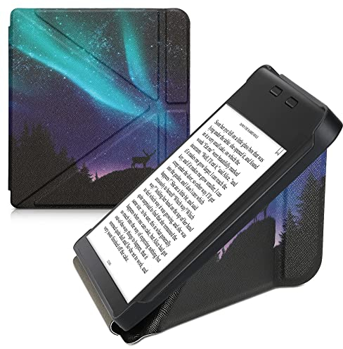 kwmobile Schutzhülle kompatibel mit Tolino Vision 6 - Hülle Kunstleder - eReader Cover Case - Polarlicht Hirsche Türkis Blau Schwarz