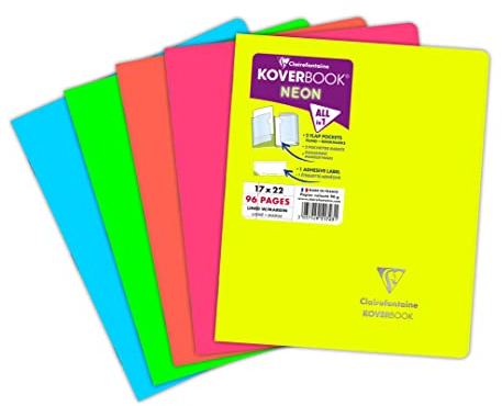 Clairefontaine 951723C - Heft Koverbook NEON geheftet Umschlag aus PP blickdicht 17x22cm, 48 Blatt, liniert mit Rand, farbig sortiert in Neonfarben, 1 Stück