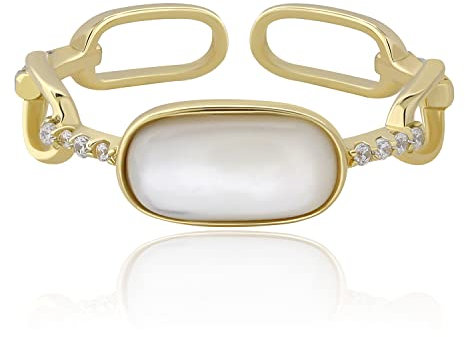 Meissa Handmade Perlenring für Frauen 925 Sterling Silber Geometrischer Rechteck Stapelbarer Goldring Perlmutt Freundschaftsring Mädchen Geschenk (Silber) (Gold)