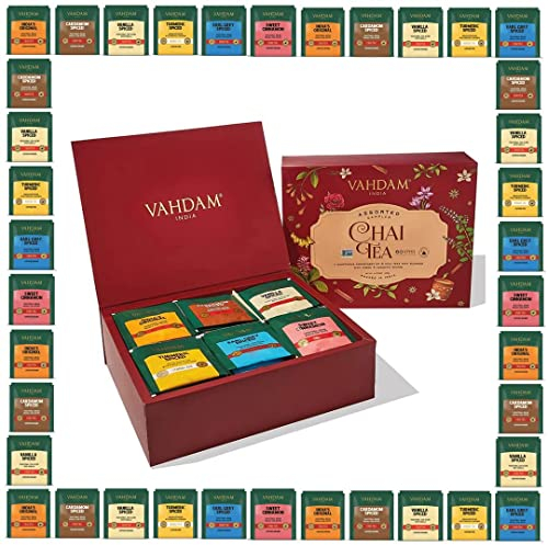 VAHDAM, Chai Tee Sortenpackung (6 Geschmacksrichtungen, 36 Teebeutel) | Indien Masala Chai Teemischungen | Langblatt Pyramide Teebeutel Sortenpackung | Geschenke Für Frauen/Männer