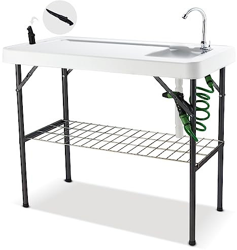 Hupmad Folding Fish Cleaning Table Portable Camping One Sink Table with Faucet Drainage Hose & Sprayer Outdoor Fish Fillet Cleaning Station with Grid Rack & Knife Groove for Picnic Fishing, Black