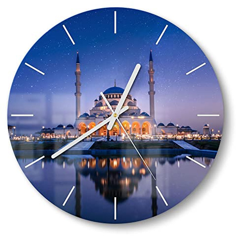 DEQORI Glasuhr | rund Ø 30 cm | Motiv Sharjah Moschee bei Nacht | ausgefallene leise Design Uhr aus Glas | Wanduhr für Wohnzimmer & Küche | moderne Hingucker Uhr für die Wand
