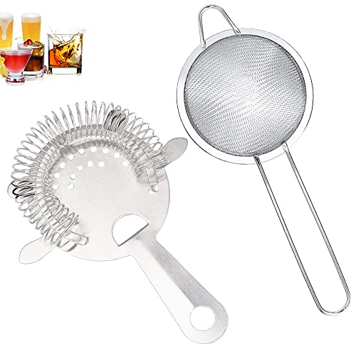 2 Piece Suit Fine Mesh Strainer Stainless Steel Cocktail Strainer Sliver Stainless Steel Bartender Colander Filter for Home Kitchen Bar Accessories