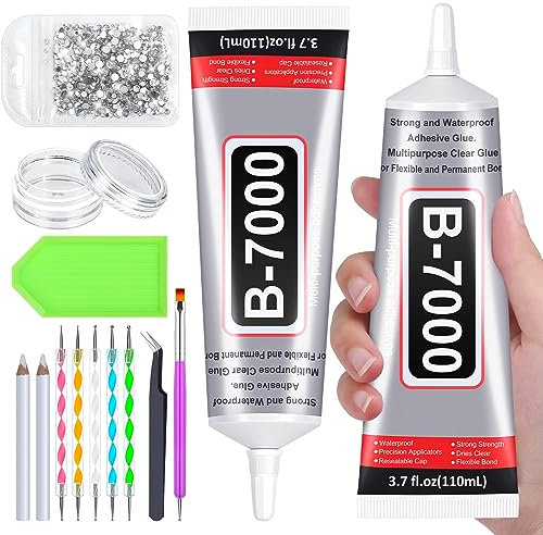 Evatage Glue of Diamond Jewelry for Crafts, 2PCS Clear Glue with Crystal Rhinestones and Tweezer Dotting Tools for DIY Clothes Fabric Shoes Jewelry Making Nail Art