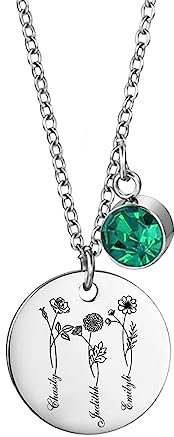 Personalisierte Geburt Blume Halskette Mit Geburtsstein Namen - Silber Gravierte Florale Halskette - Geschenk für Geburtstag Weihnachten, Rund-Stil 4