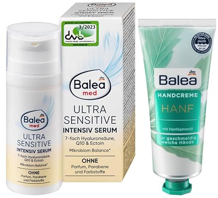 Balea 2er-Set Hautpflege: MED Intensiv Serum ULTRA SENSITIVE für empfindliche Haut mit Hyaluronsäure, Q10, Panthenol, ohne Parfum & Parabene (30 ml) + Handcreme HANF mit Hanfsamenöl (75 ml), 105 ml