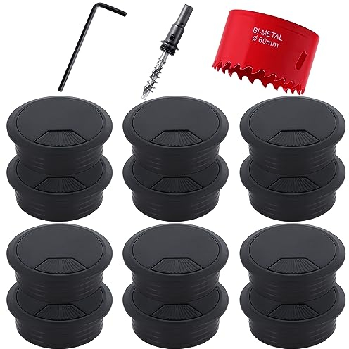 12 Stück Schreibtisch Kabeldurchführung 60mm, Kabeldurchlass Set mit 1 Stück 60mm Metall Lochsäge, Kabeldurchführung Tisch Rund für Büro Arbeitsplatten TV Computer Heimkino