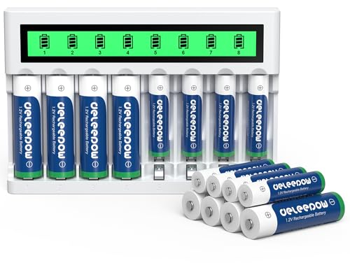 Deleepow NiMH AA wiederaufladbare Batterien, 8 Stück, 3300 mAh, 1,2 V AA wiederaufladbare Batterie und 8 Stück wiederaufladbare NiMH AAA Batterien mit Ladegerät