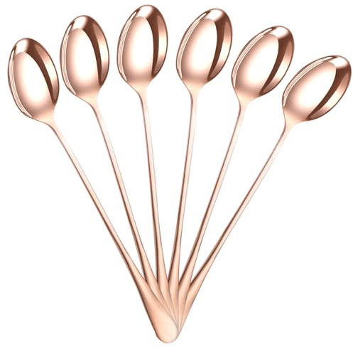 PEBBLE HUG 6 Pcs Rose Gold Long Handle Latte Iced Tea Spoon, Coffee Spoon, Ice Cream Spoon, Stainless Steel Cocktail Stirring Spoons(Set of 6)