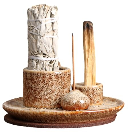 Wanwanzi Soporte de incienso de cerámica 4 en 1, quemador de palosanto y salvia, portavelas, bandeja colectora de cenizas para meditación y yoga, color amarillo