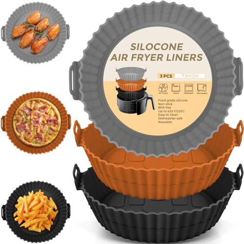 3 Pcs Silicone Air Fryer Liner 7.9 Air Fryer Liners Reusable Silicone Pot, Food Grade Air Fryer Silicone Baking Tray Greaseproof Airfryer Basket Rack Accessories, Compatible with Ninja, Tower, COSORI