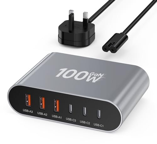 Anker 100W GaN 6-Port Type C Charging Station - USB C Power Strip Adapter with 3 USB C and 3 USB A Ports - For iPhone 11-16, iPad, Pixel, Note, Galaxy - Grey