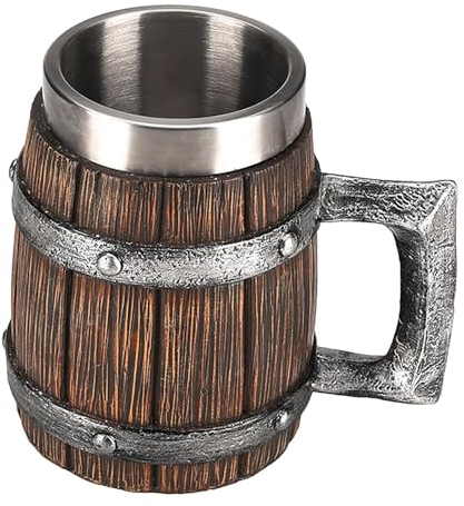 Opilroyn Medieval Beer Mug - Beer Tankard Cup, Rustic Beer Mug | Wooden Whiskey Barrel Cup, Stainless Steel Drinking Tankard Mug Coffee Cup, 600ml Beer Mug for Home Norse Decorations