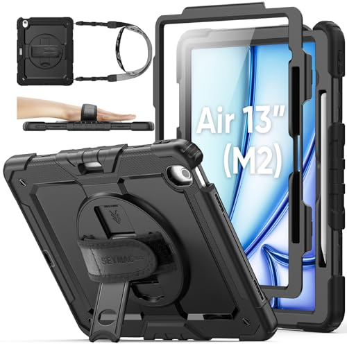 SEYMAC stock Hülle für iPad Air 13 Zoll (M2) 2024 / Air 6. Generation Hülle, Stoßfeste Schutzhülle mit Stifthalter, Displayschutzfolie, 360° Drehbarer Ständer/Handschlaufe, Schultergurt, Schwarz