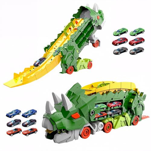 Warmiehomy Dinosaur Transport Truck Toys for or 3 4 5 6 7 Year Old Boys, Truck Transporter with 12 Race Cars, Portable Race Track Carrier Vehicles Gift Toy for Kids Christmas Birthday Party