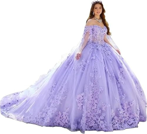TSxuelian Vestido de quinceañera con apliques de encaje y hombros descubiertos para mujer, vestido de baile con capa y flores 3D, vestido de fiesta, Lila, 40