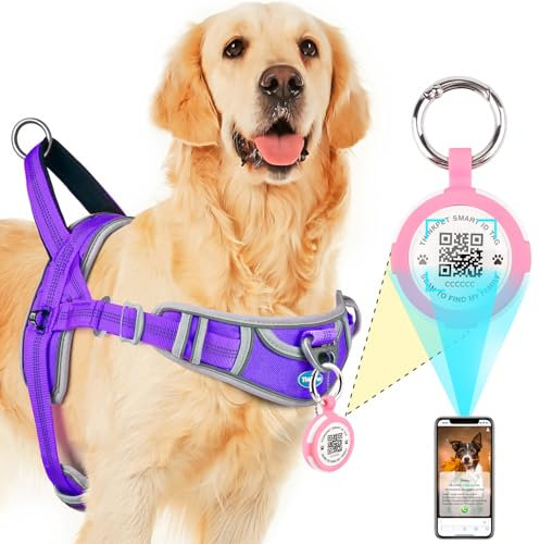 ThinkPet Hundegeschirr für große Hunde ohne Zug mit QR Code, AirTags Holder Smart ID Tags, verstellbar, reflektierend und atmungsaktiv, mit Front-Clip Griff für die Ausbildung M Licht Pruple