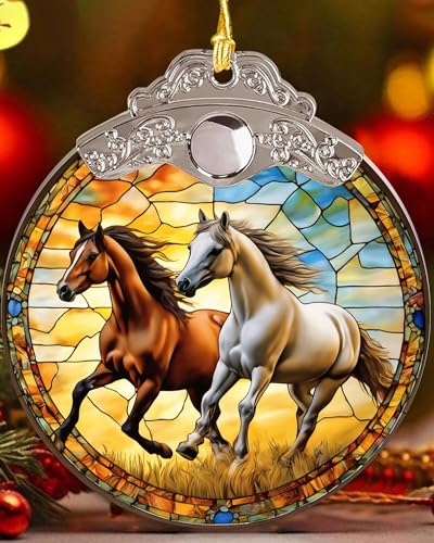 Pferde Weihnachtsschmuck, Laufpferde Weihnachtsdekoration, Pferdeornamente für Weihnachtsbaum, Pferde Geschenke Urlaub Dekorationen, 7,6 cm Acryl Rund Ornament
