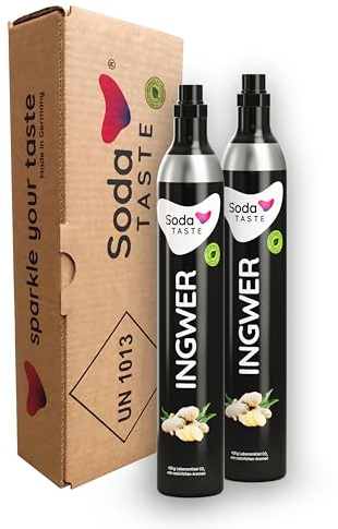 SodaTASTE CO2-Zylinder tauschen 2er-Pack (Refill) für Wassersprudler, mit natürlichem Ingwer-Aroma, ohne Sirup, für bis zu 120l Sprudelwasser mit Geschmack, zuckerfrei (ACHTUNG: 2 Leerzylinder nötig)