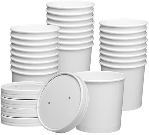 CaterCo Disposable White Soup Containers with Lids (12oz / 340ml - 50 Pack) - White Paper Takeaway Paper Soup Cups, Microwave & Freezer Safe Ice Cream Bowl, Eco-Friendly (12oz / 340ml - 50 Pack)