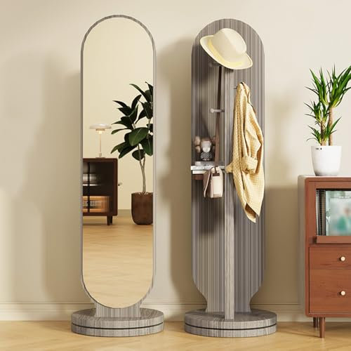 XQYYLVY Appendiabiti da pavimento con specchio, girevole a 360°, con 3 ganci e vano portaoggetti, specchio da pavimento per la casa, con appendiabiti, per camera da letto