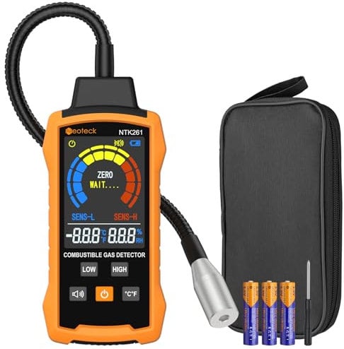 Neoteck Detector de Gas Natural Detector de Fugas de Gas con Sonda Flexible de 12 Pulgadas Detector de Gas Combustible con Alarma Audible y Visual para Vivienda Caravana Estufa Gasoducto