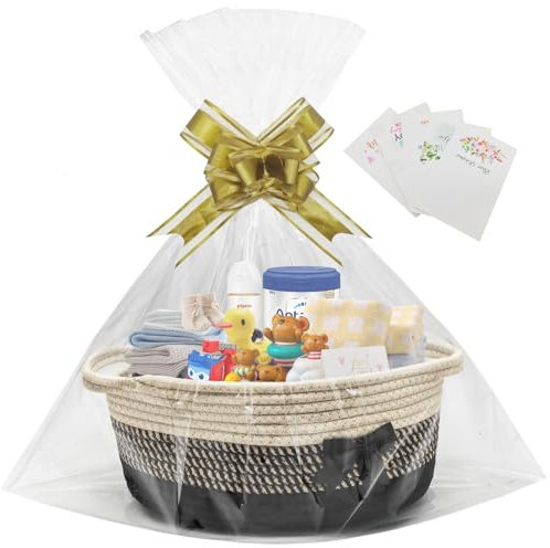 Gift Baskets Empty,1 Pcs Empty Hamper Basket with 2 Bags and 3 Pull Bows and 1 Pack Shredded Paper Cotton Rope Basket for Baby Shower,Wedding,Birthday,Easter(38 x 23 x 14 cm) (Patterned coffee)