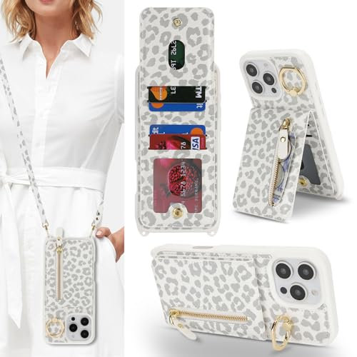 Zouzt for iPhone 16 Pro Case with Cord and Card Holde, Zipper Wallet Case with Crossbody Lanyard Ring Adjustable Necklace Protective Cover Women for iPhone 16 Pro 6.3 Inch - White Leopard