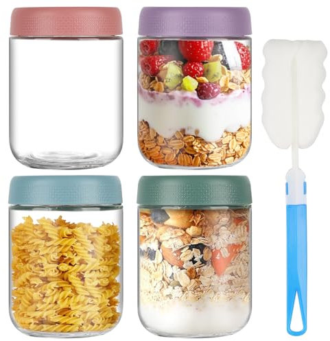 Esilihom 4 Pack 16 OZ Overnight Oats Jar with Lids, 500ml Glass Overnight Oats Container for Breakfast, Yogurt Mason Jar for Fruit, Pudding, Salad, Jam, Cereal