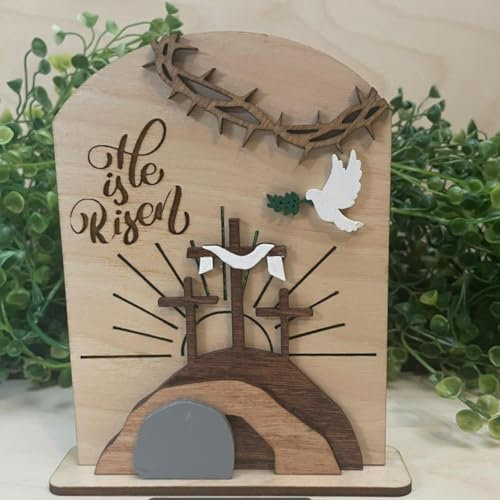 Generisch He Is Risen Osterdeko, Resurrection Scene Holzschild Tischdeko Ostern, Christliche Geschenke, Katholische Kreuz Jesus Ornament Religiöse Deko