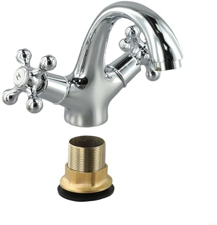 Fauhapyway Grifo de baño vintage con doble manija giratoria, mezclador de lavabo, grifo de mezcla caliente y frío (cromado)