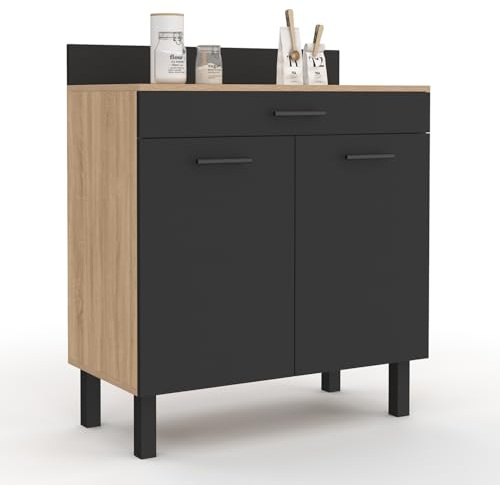 IDMarket - Buffet Bas de Cuisine 80 cm CINA façon hêtre et Noir | Plan de travail H.83 cm, 2 portes + tiroir