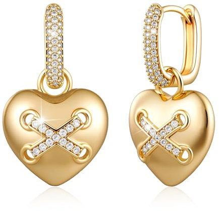 Richapex Trendy Herz Ohrringe Hängend, Creolen Gold Klein 18k Vergoldete | Hypoallergene Ohrringe Gold Creolen Hängend, Silber/Gold Ohrringe Für Damen Zirkonia, Alltagsfeier Geschenke Damen