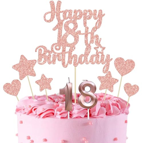 Gyufise 15Pcs Happy 18th Birthday Cake Topper Set with Heart Star Glitter Cheers to 18 Years Cake Picks Number 18 Candles Cake Decorations for Happy 18th Birthday Anniversary Party Supplies Rose Gold