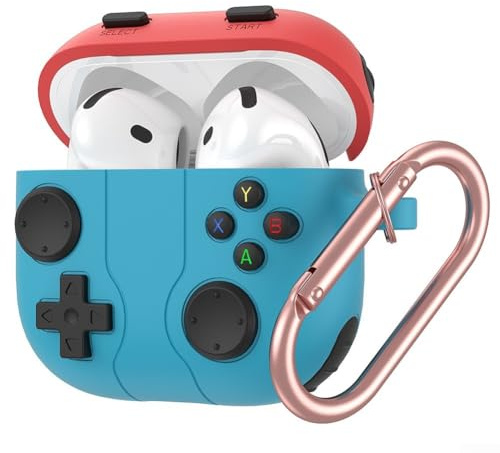 SMZhomeone Silikon-Schutzhülle für AirPods 4, Spielkonsolen-Design, stoßfest, Anti-Drop-Gaming-Stil, Schwarz, Weiß, Rosa, Blau, Optionen (Rot, Blau)