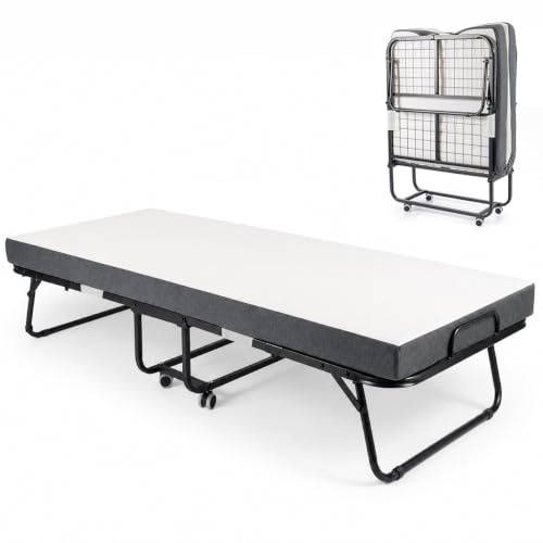 Folding Bed with 10cm Mattress Guest Bed Rollaway Space Saving Bed | Portable Fold Up Single Bed with Wheels, Space Saving Metal Frame Bed for Adults, Dorm, Apartment Guest Room