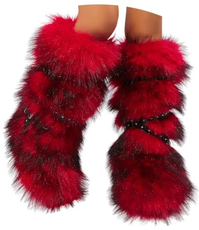 ORANDESIGNE Femme Bottine en Peluche Fourrure Hiver Bottes de Neige Plate Bottines Fourrées Y2K avec Boucle de Ceinture A Rouge 39 EU