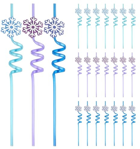 24 Pcs Reusable Snowflake Drinking Straws, Plastic Curly Straws for Frozen Theme Birthday Party Supplies, Winter Party Decorations and Party Favors for Kids and Adults
