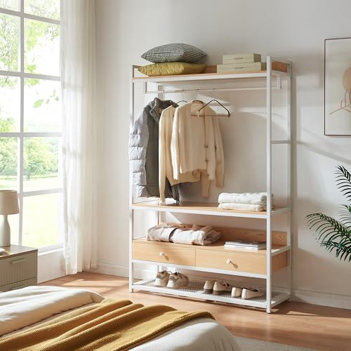 [en.casa] Kleiderständer Isen mit Kleiderstange Garderobenständer MDF offener Kleiderschrank mit 4 Ablagen und 2 Schubladen 180 x 120 x 40 cm Eicheoptik/Weiß