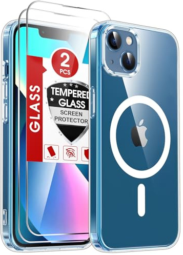 LeYi Handyhülle für iPhone 13/14 Hülle für 2X Panzerglas ，Cover für MagSafe Ultra Dünn Magnetisch Schutzhülle Anti-Vergilbung Schutzglas Transparent Stoßfest Case i Phone13 iphon14 256gb - Klar