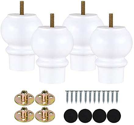 Maricome 4 Inch White Furniture Legs Set of 4 Wood Replacement Legs for Cabinet Dresser Ottoman M8 Bolt Pre-Installed