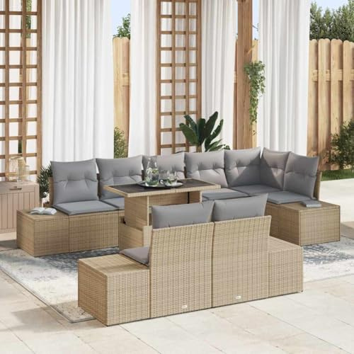 Bucmath Garten-Sofa-Set mit Speicher 9-teilig Beige Poly Rattan, modulares Outdoor-Lounge-Möbel mit höhenverstellbarem Tisch, wetterfest für Terrasse Balkon