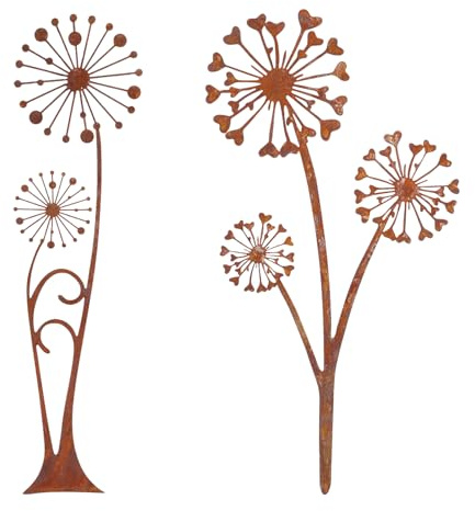 2 Stück Gartenstecker Metall Set, Pusteblume Gartendeko Rost Rostdeko | Rost Deko, für Rasen, Blumenbeet, Terrasse, Balkon und Pflanzgefäße, vielseitig platzierbar