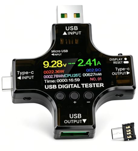 VOBOR USB Tester Messgerät 2-in-1 mit USB-C, Digital Multimeter LCD Display, Strommessgerät Power Meter, Spannungsmesser, Leistungskapazität Detektor, USB Kabeltester